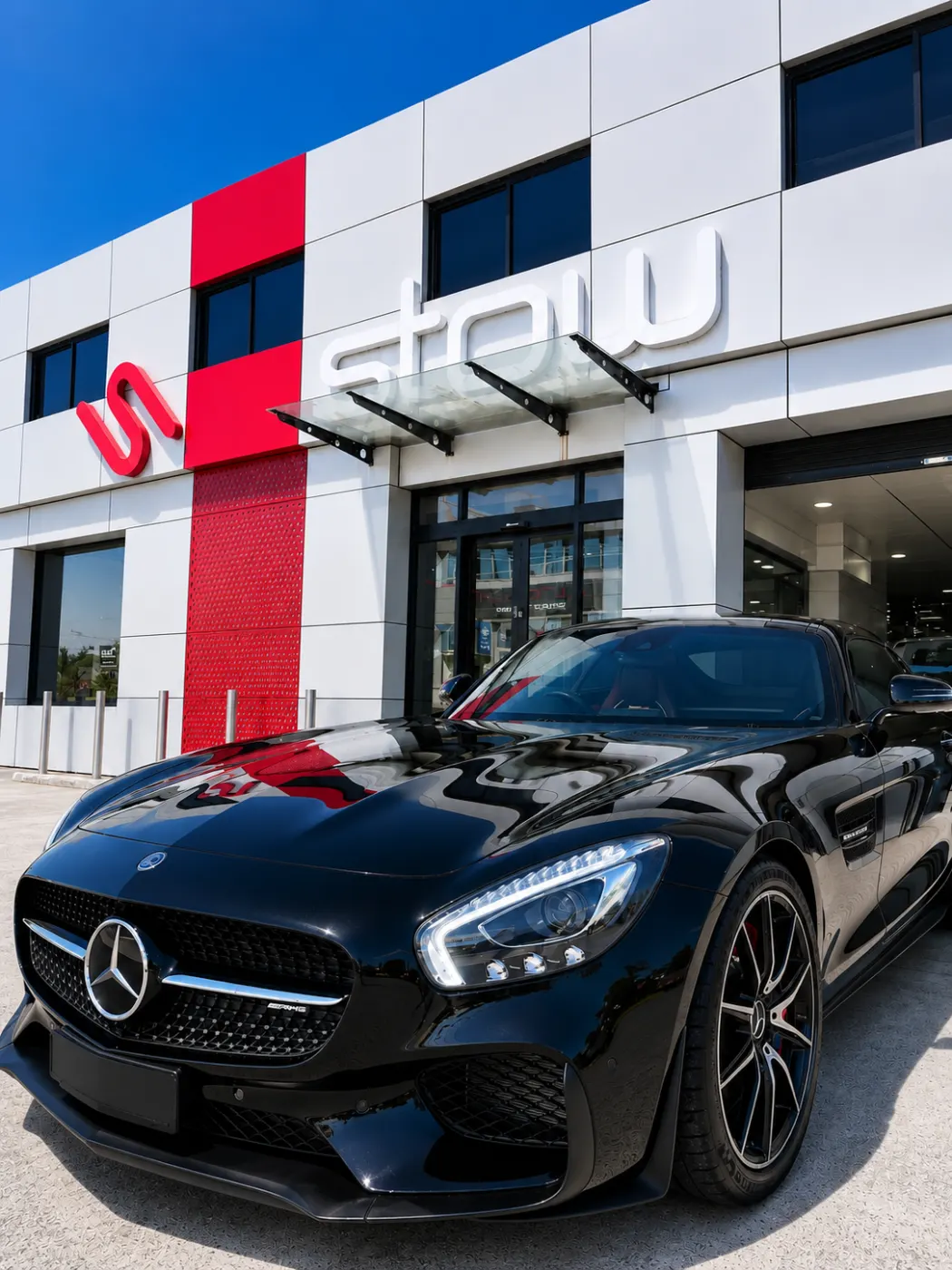 Black Mercedes-AMG GT outside the Stow Smash Repairs workshop, ready for delivery