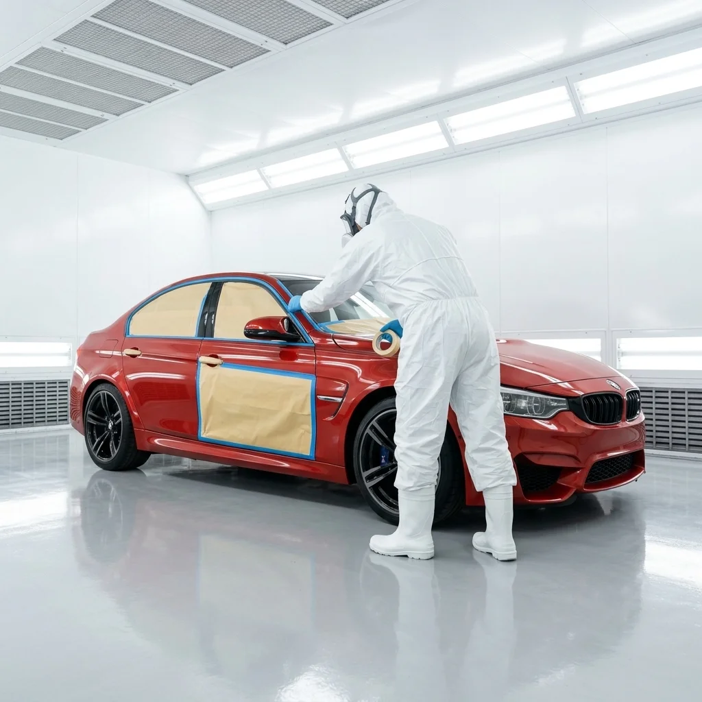 Technician spray painting a car in the PPG waterborne booth at Stow Smash Repairs