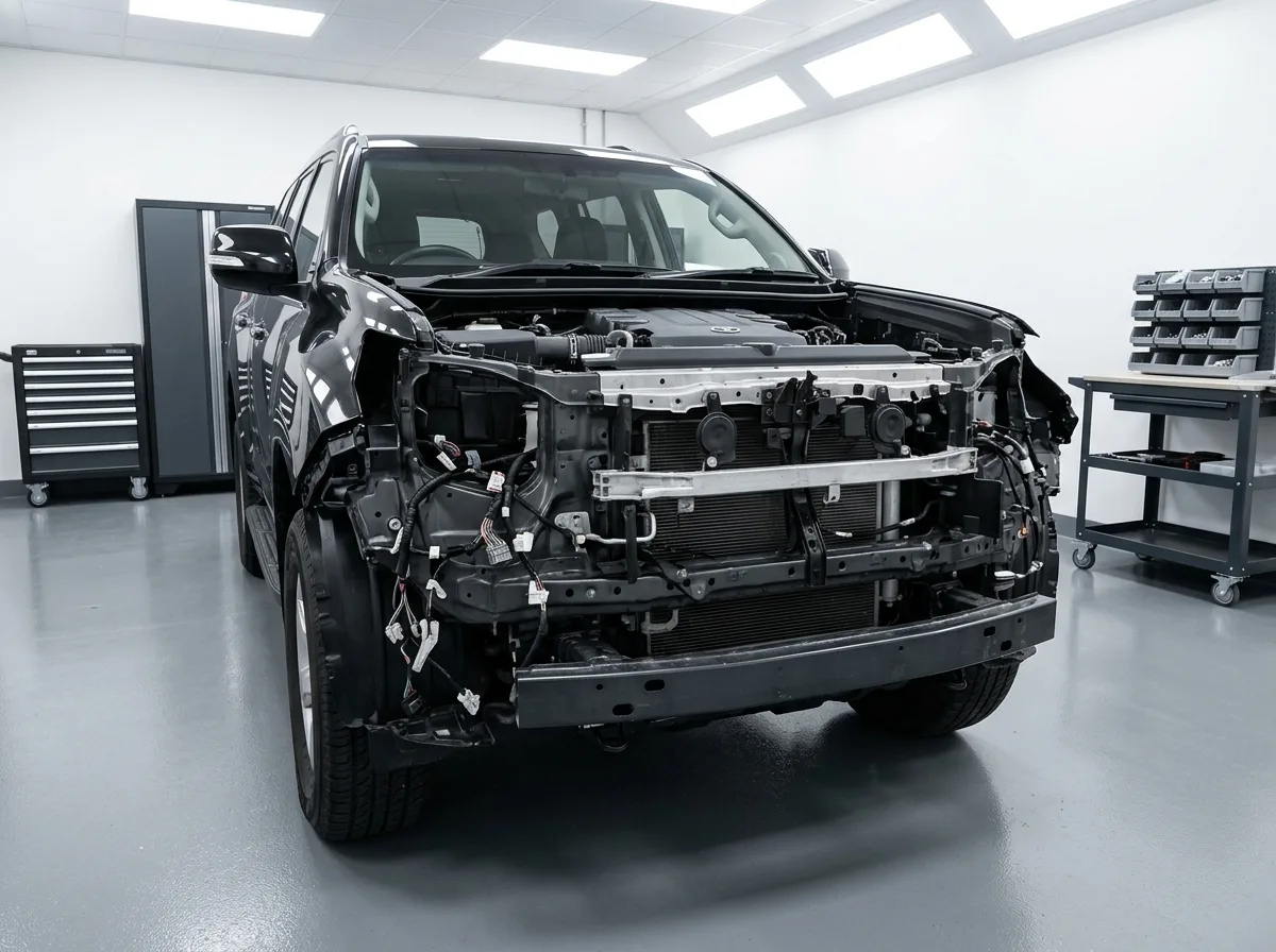 Black Toyota Prado stripped down to the crossmember and wiring loom during front-end repair at Stow Smash Repairs