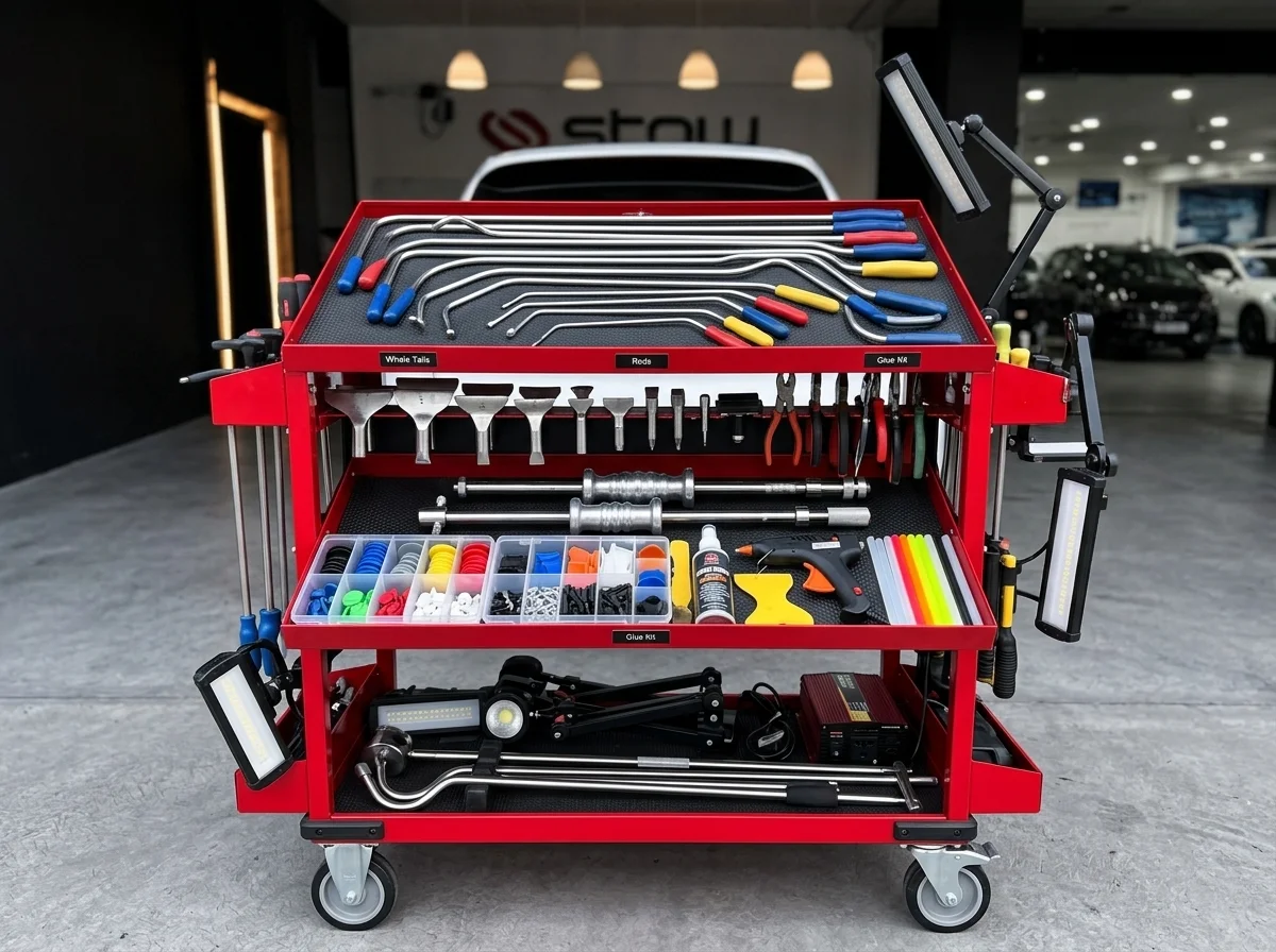 Paintless Dent Removal (PDR) tools on a cart at Stow Smash Repairs