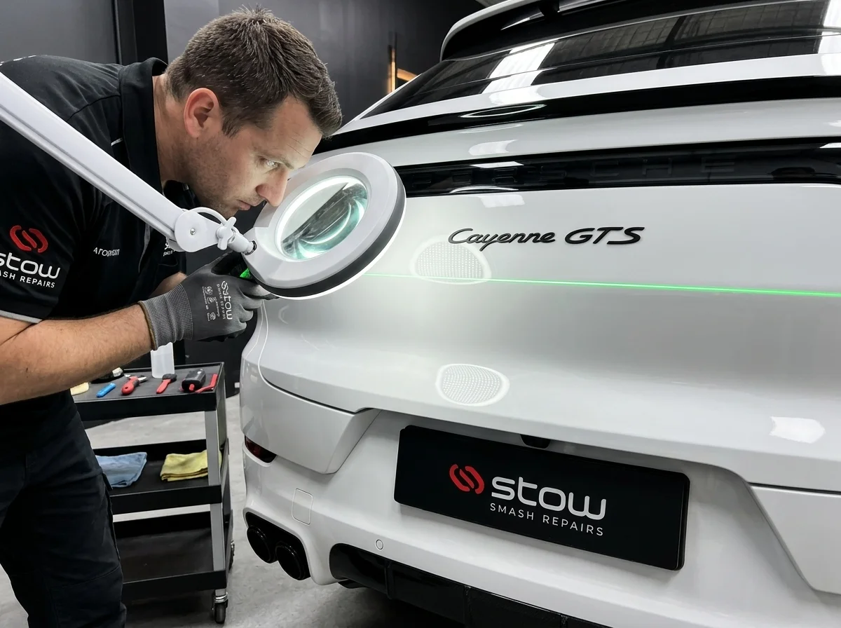 Technician checking finished dent repair using magnifying lamp at Stow Smash Repairs