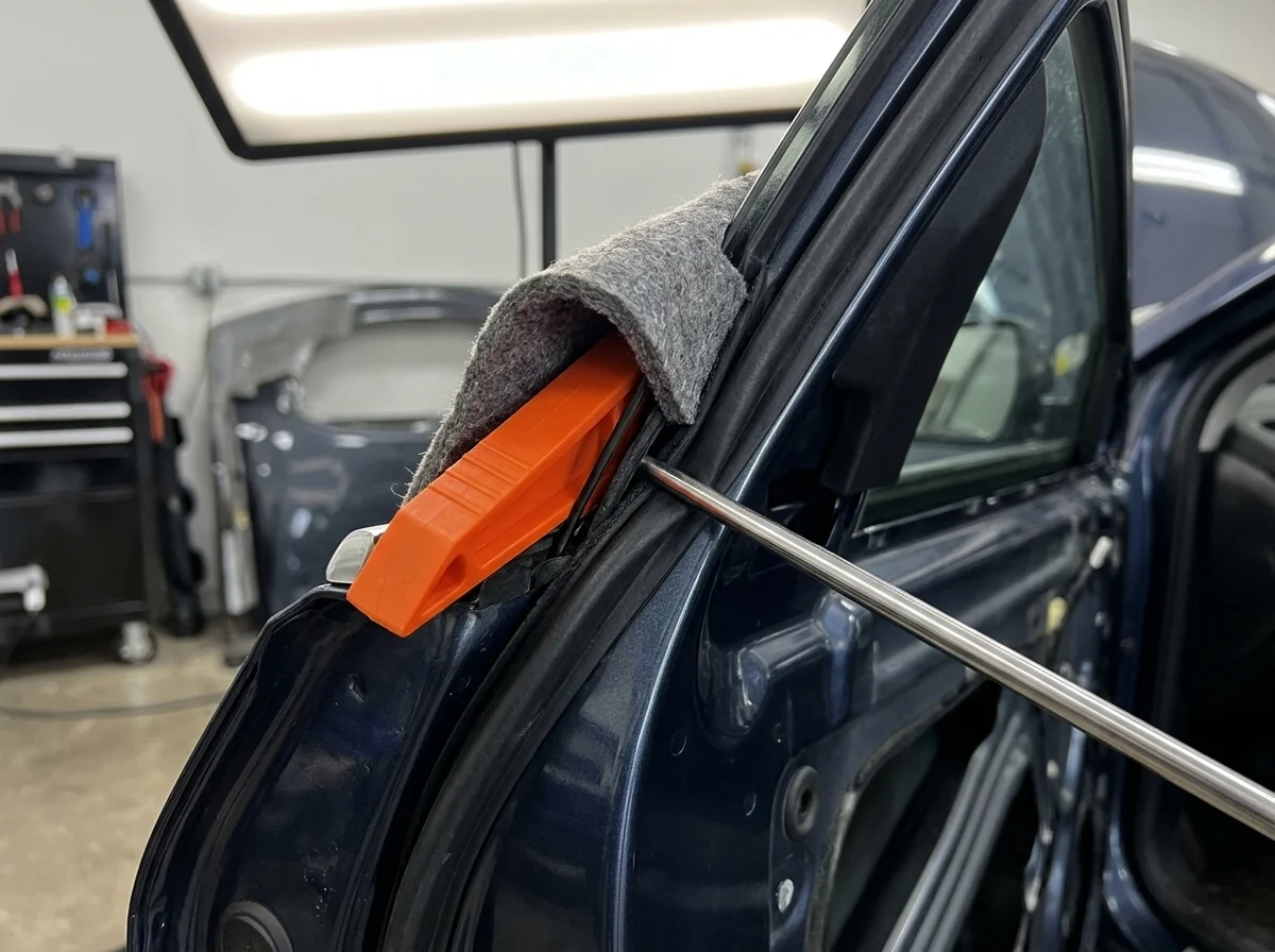 Accessing door interior cavity with wedge and rod at Stow Smash Repairs