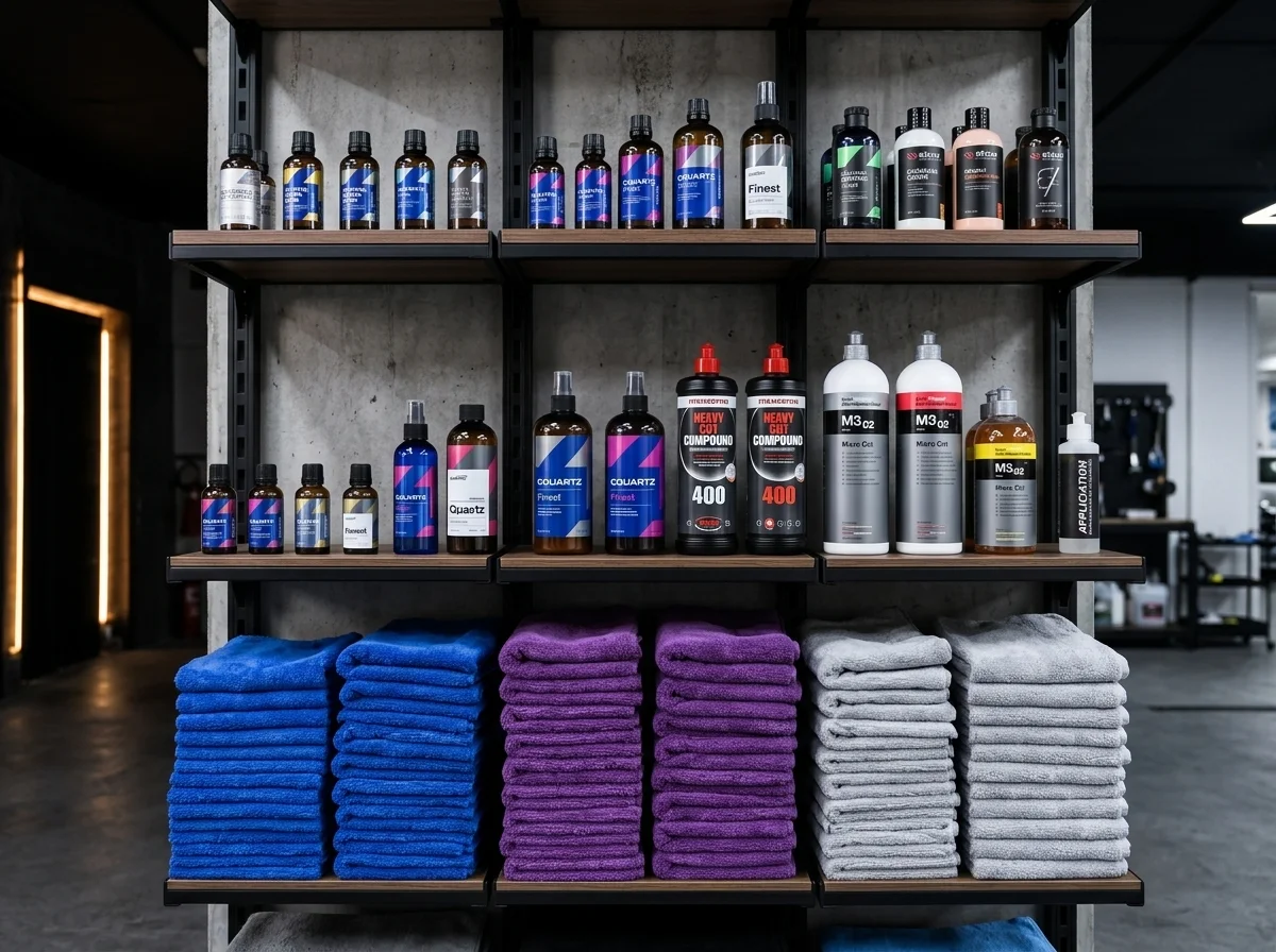 Premium ceramic coating products and compounds on workshop shelves at Stow Smash Repairs