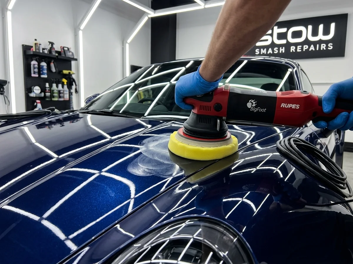Detailer machine polishing the hood of a blue sports car at Stow Smash Repairs