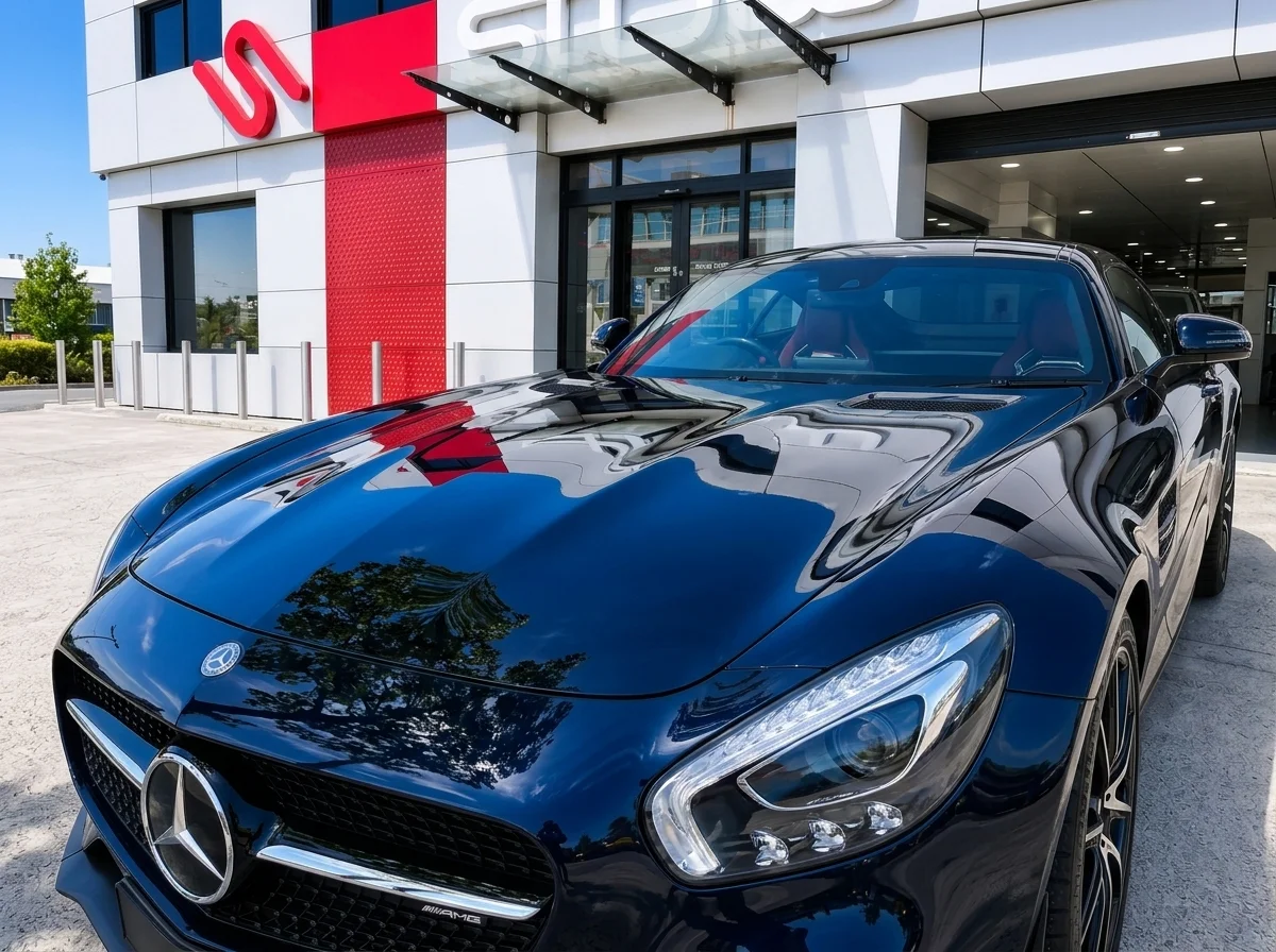 Polished blue sports car parked outside in the sun at Stow Smash Repairs