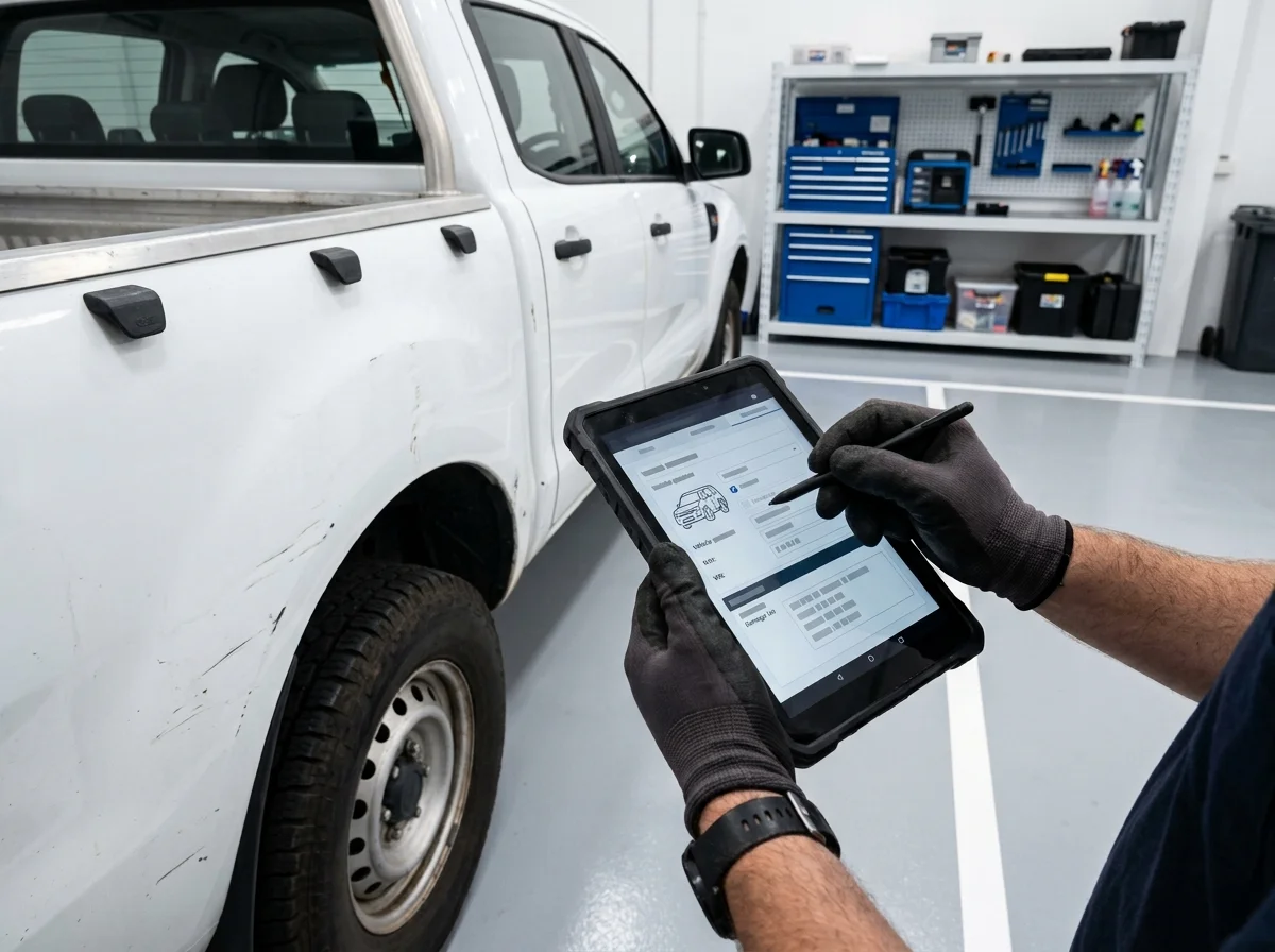 Technician logging vehicle damage on a rugged tablet beside a work ute at Stow Smash Repairs