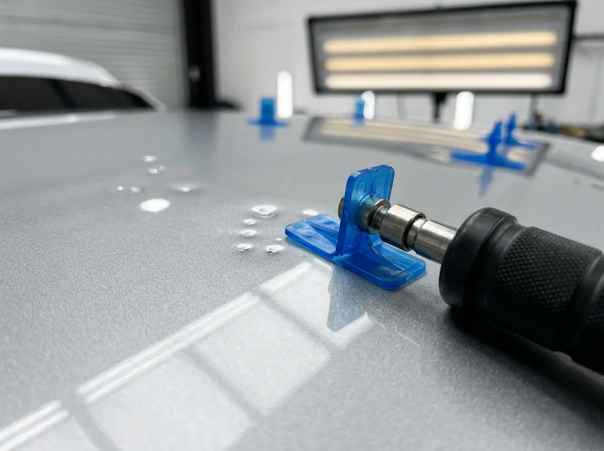Blue plastic glue pulling tabs attached to silver roof dents at Stow Smash Repairs
