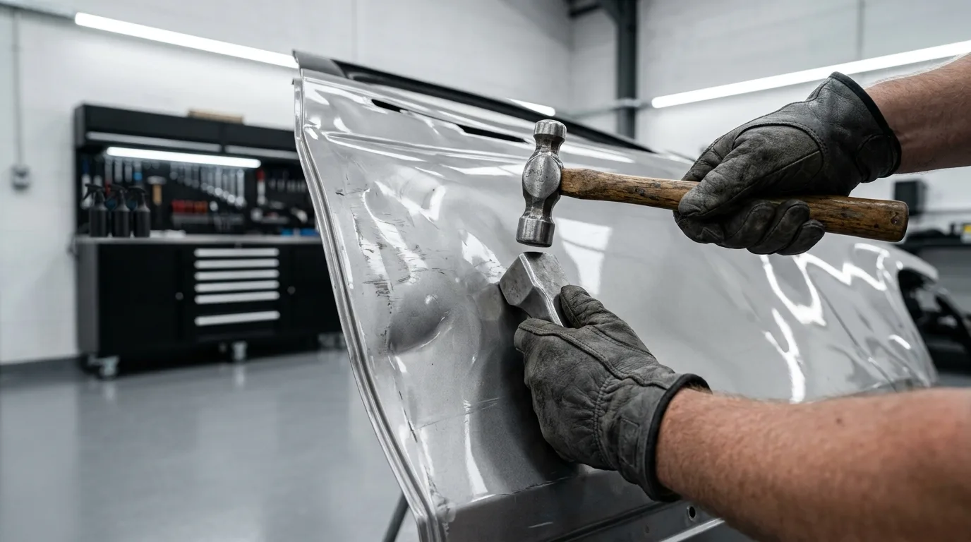 Panel beating metal work using a file at Stow Smash Repairs