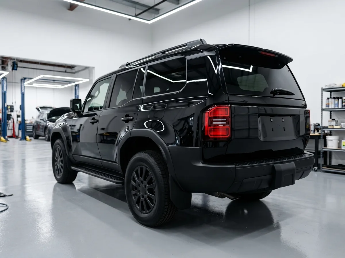 Black Toyota Prado rear three-quarter view after a fresh refinish