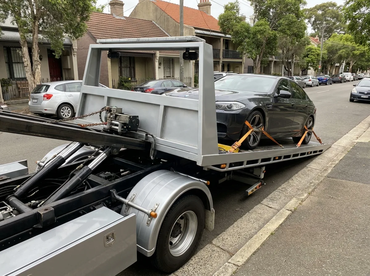 Tilt-tray tow truck with a vehicle secured by wheel straps