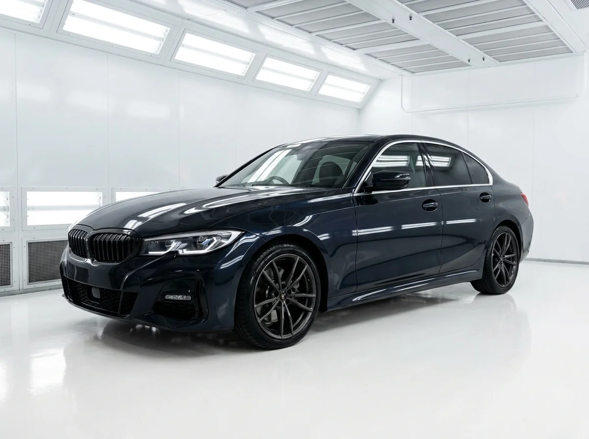 A prestige sedan finished in a bright, pristine spray booth.