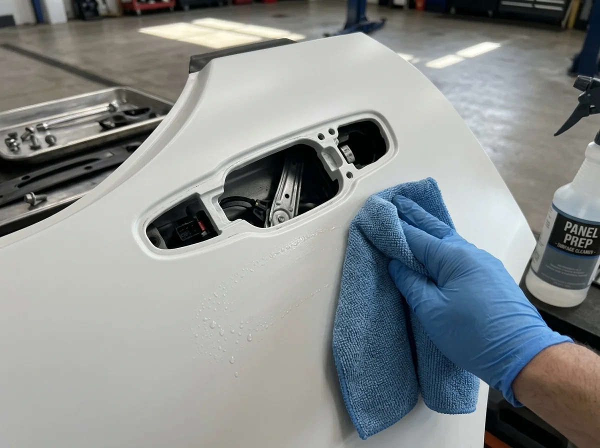Car door panel cleaned and prepped with badges removed at Stow Smash Repairs