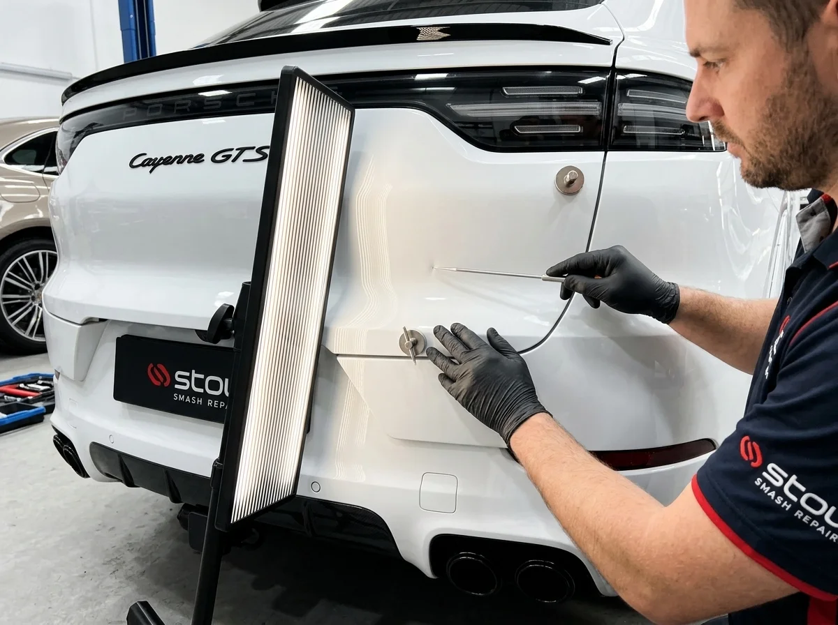 Technician repairing minor panel dent before wrapping at Stow Smash Repairs